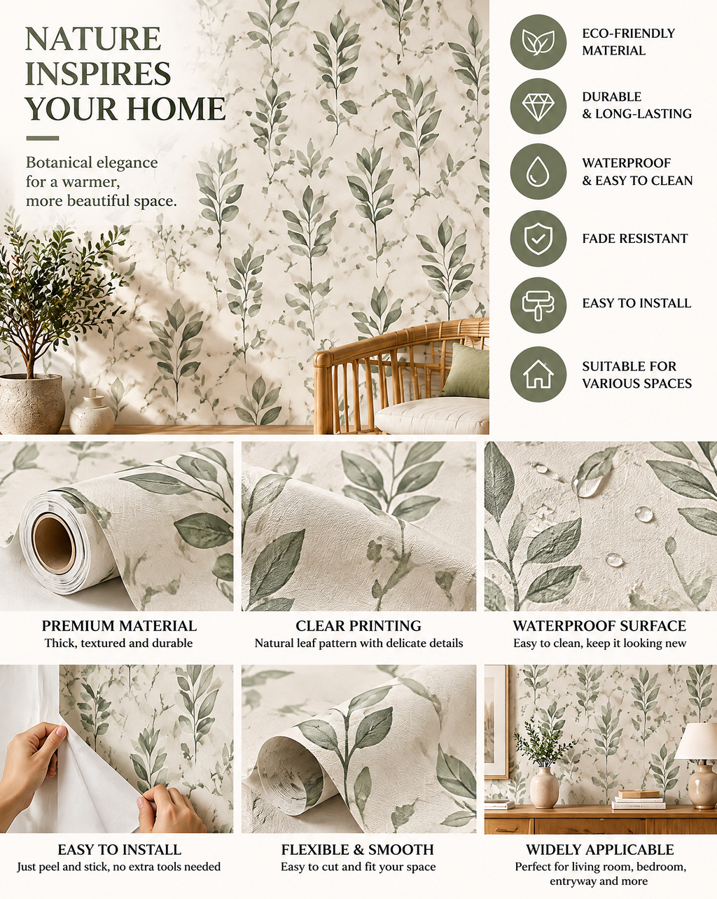 Sage Botanical Leaf Wallpaper