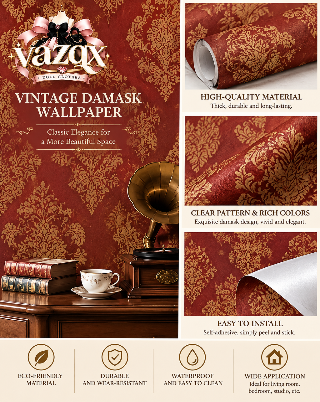 Burgundy Damask Heritage Wallpape